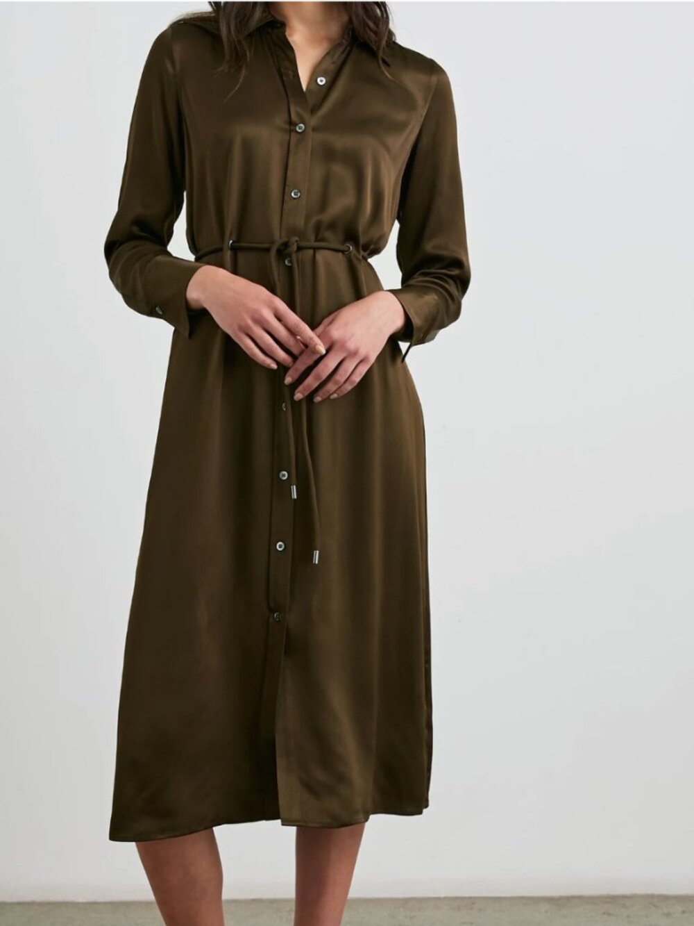 Rails Anina dress Dark Moss chocolate brown silky collared long sleeve m medium